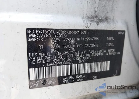 2021 Toyota Venza Le z USA, uszkodzony, nr VIN JTEAAAAH9MJ047678